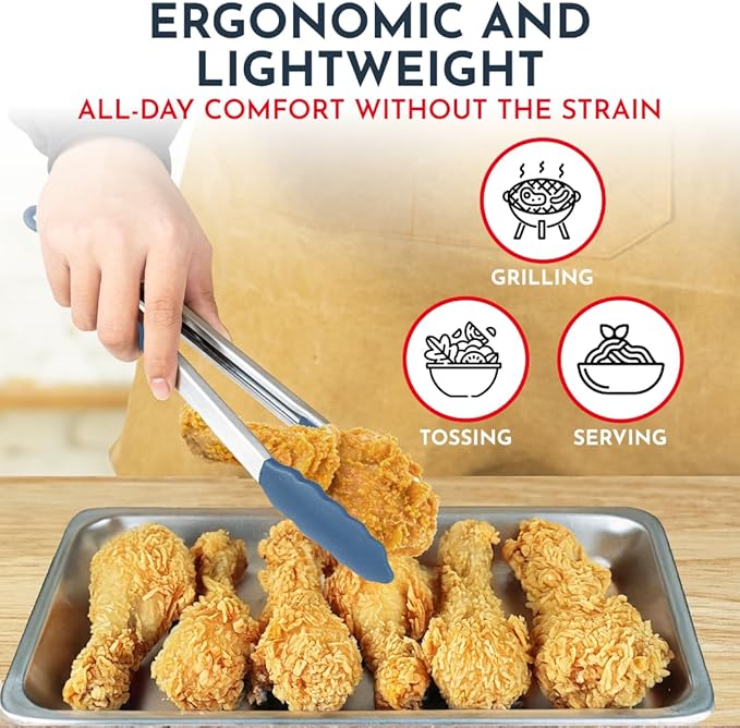 Kitchen Tongs for Cooking with Silicone Tips, Heat Resistant Tongs for Serving Food, 7-Inch, 9-Inch, 12-Inch Locking Silicone Tong, Set of 3 Salad Tong, Blue Kitchen Utensils