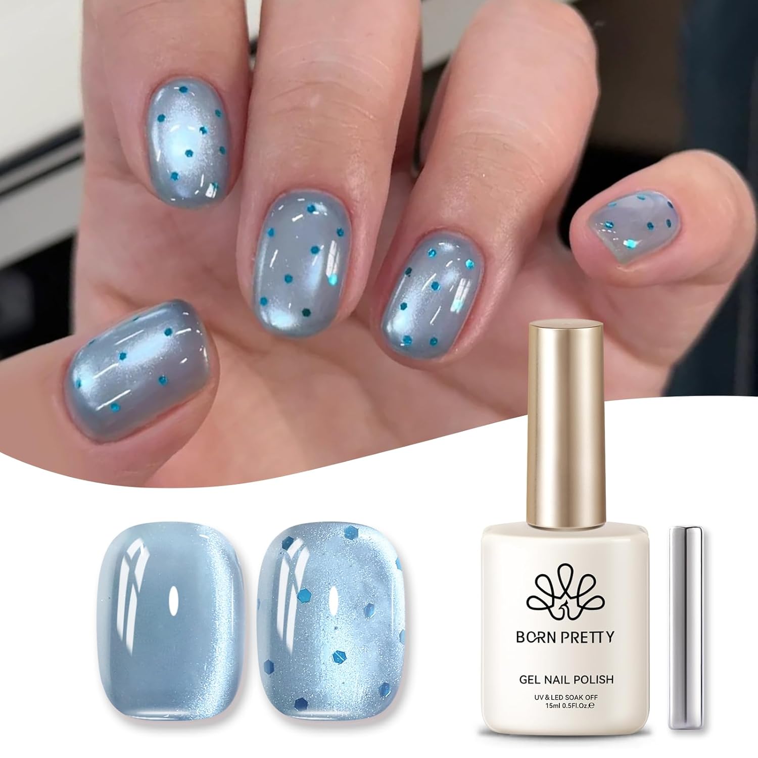 BORN PRETTY Cat Magnetic Eye Gel Nail Polish, Blue Glitter Cat Magnetic Gel Nail Polish, Crescent Bay Magnetic Nail Polish for Nail Art Manicure Salon DIY at Home 15ML-BrightBean Baby