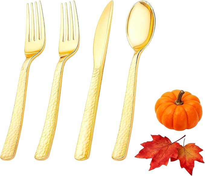 KIRE 400PCS Gold Plastic Silverware - Extra Heavy Duty Hammered Silverware Disposable Set, Gold Utensils Set Include 200 Forks,100 Knives,100 Spoons for Thanksgiving Party, Wedding