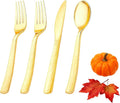 KIRE 400PCS Gold Plastic Silverware - Extra Heavy Duty Hammered Silverware Disposable Set, Gold Utensils Set Include 200 Forks,100 Knives,100 Spoons for Thanksgiving Party, Wedding