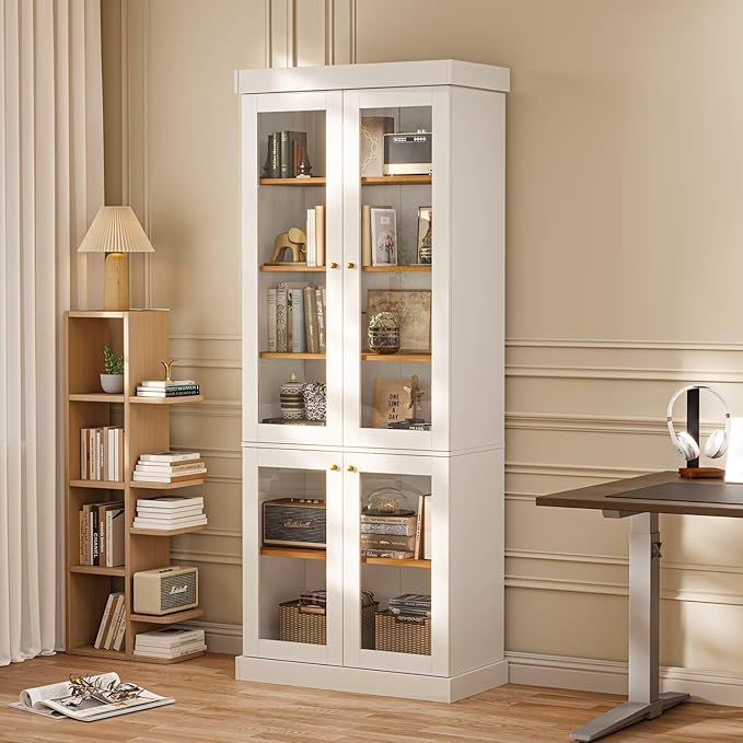 70.8" Bookshelf with Glass Doors, Farmhouse Modular Bookcase with 6-Tier Adjustable Shelves, Large Storage Cabinet for Living Room & Home Office, Set of 2, White