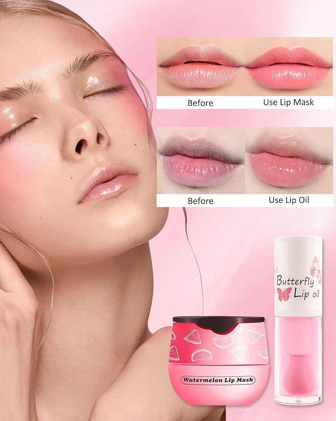 2Pcs Watermelon Lip Balm Honey Pot Lip Mask & Lip Glowy Oil Lip Care Set, Propolis Moisturizing & Nourish Hydrating Lip Gloss Repair, Reduce Lip Line & Plump Dry Cracked Lip Scrub Exfoliator -Set C-BrightBean Baby