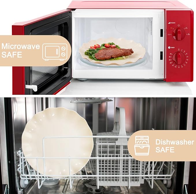 LIYH 24 Pcs Plastic Plates Reusable,Unbreakable Dinner Plates, Scalloped Plastic Plates, Dishwasher Safe,Ivory Plate Sets Perfect for Parties, Birthday, Picnics, BPA Free(12Guests)