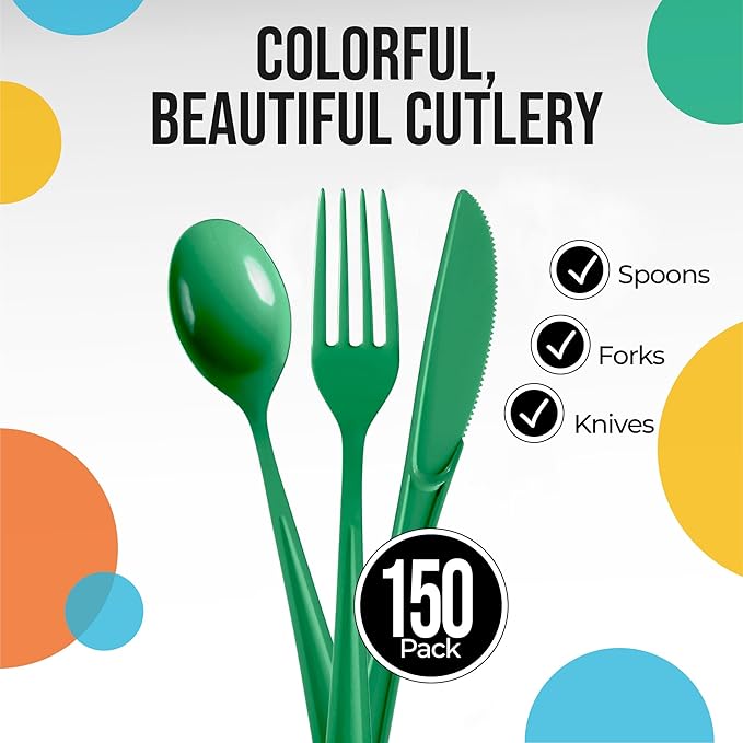 Party Solids Emerald Green Plastic Silverware Heavy Duty 150 Pieces Green Plastic Cutlery Sets, Utensil Sets, 50 Of Each Forks, Knives & Spoons Disposable Cutlery Set, Flatware Set For Party Supplies