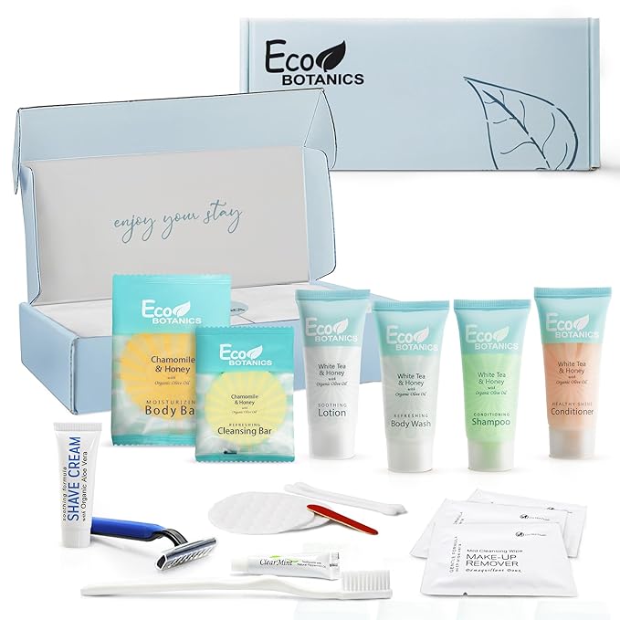 Eco Botanics Amenity & Accessory Kit | 0.85 oz Travel Size Shampoo, Conditioner, Lotion, Body Wash, Body Bar, Cleansing Bar, Shave & Dental Sets, Make-Up Remover Wipes, & Vanity Kit | 1 set per case-BrightBean Baby