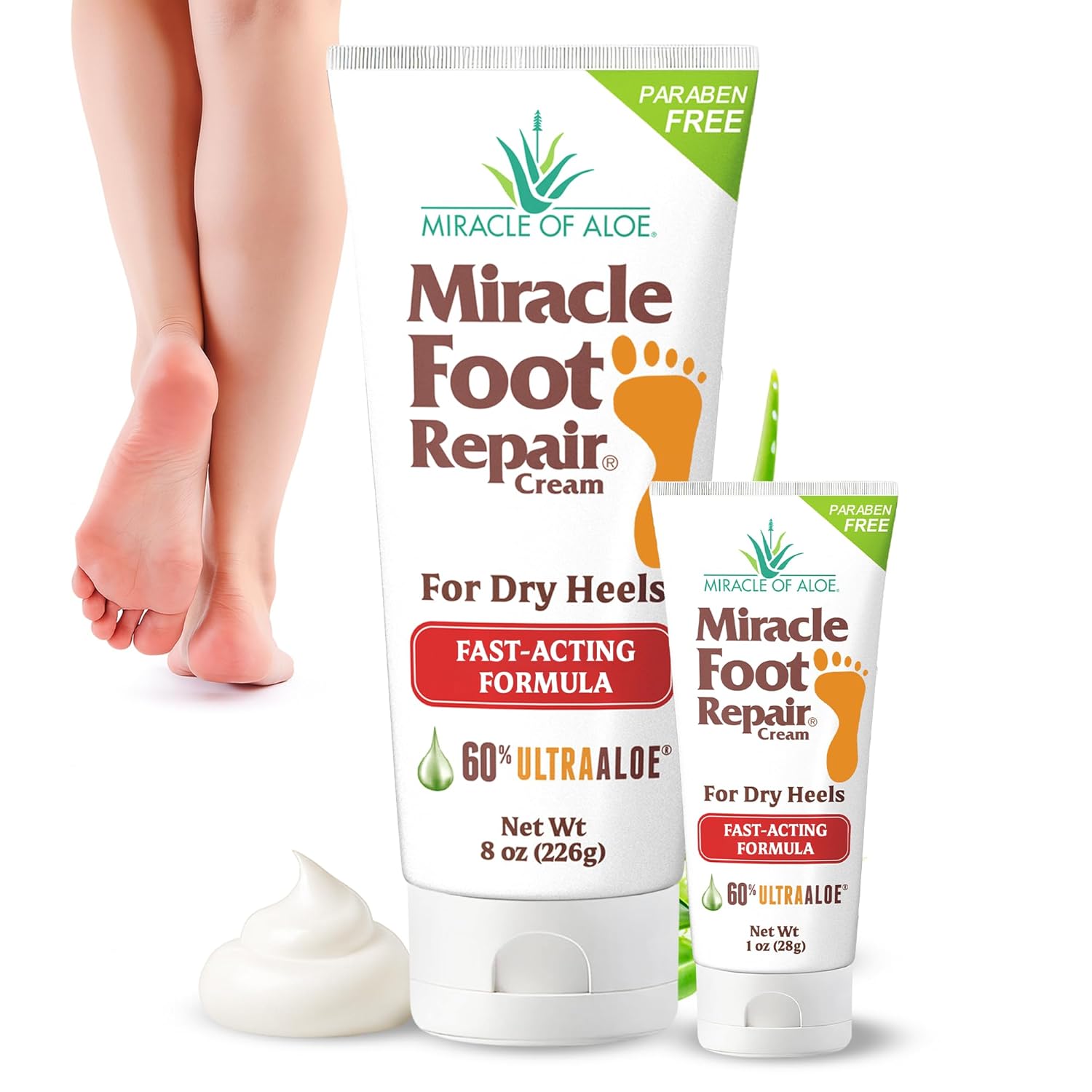 Miracle Foot Repair Cream (8 oz & 1 oz) Repairs Dry Cracked Heels and Feet, 60% Pure UltraAloe Moisturizes, Softens, and Repairs-BrightBean Baby