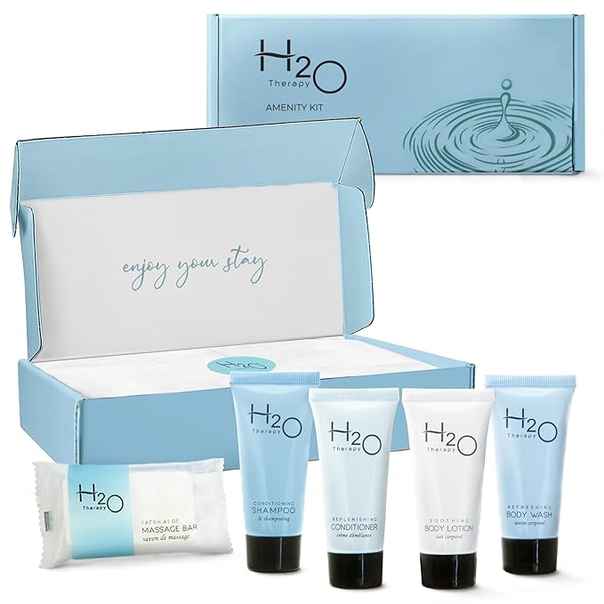 H2O Therapy Amenity Kit | Boxed Hotel Toiletries | Bulk Set 0.85 oz Travel Size Shampoo, Conditioner, Lotion, Body Wash & Body Bar Soap for Guest Hospitality AirBnB/Vacation Rentals | 1 set per case-BrightBean Baby