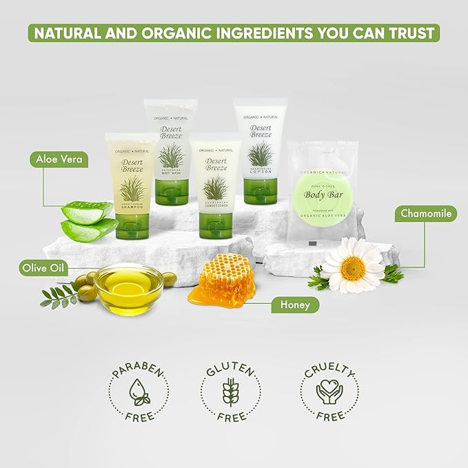 Desert Breeze Hotel Soaps and Toiletries Bulk Set | 1oz Hotel Shampoo & Conditioner, Body Wash, Body Lotion & Bar Soap | Travel Size Toiletries 300 Pieces-BrightBean Baby