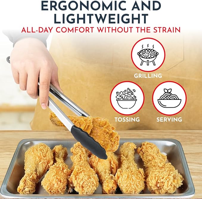 Kitchen Tongs for Cooking with Silicone Tips, Heat Resistant Tongs for Serving Food, 7-Inch, 9-Inch, 12-Inch Locking Silicone Tong, Set of 3 Salad Tong, Black Kitchen Utensils