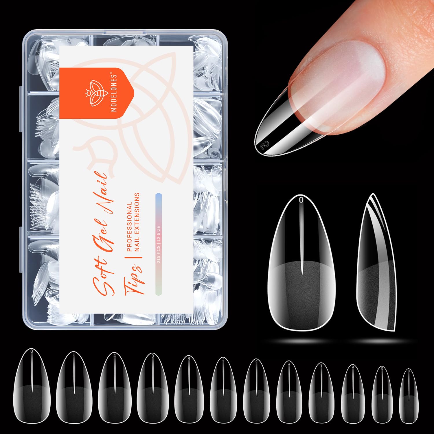 modelones Medium Almond Nail Tips, Pre-shaped Soft Gel Tips Fake Nails False Acrylic Clear Full Cover Press on Extension Kit Gel Manicure DIY at Home 216PCS 12Sizes-BrightBean Baby