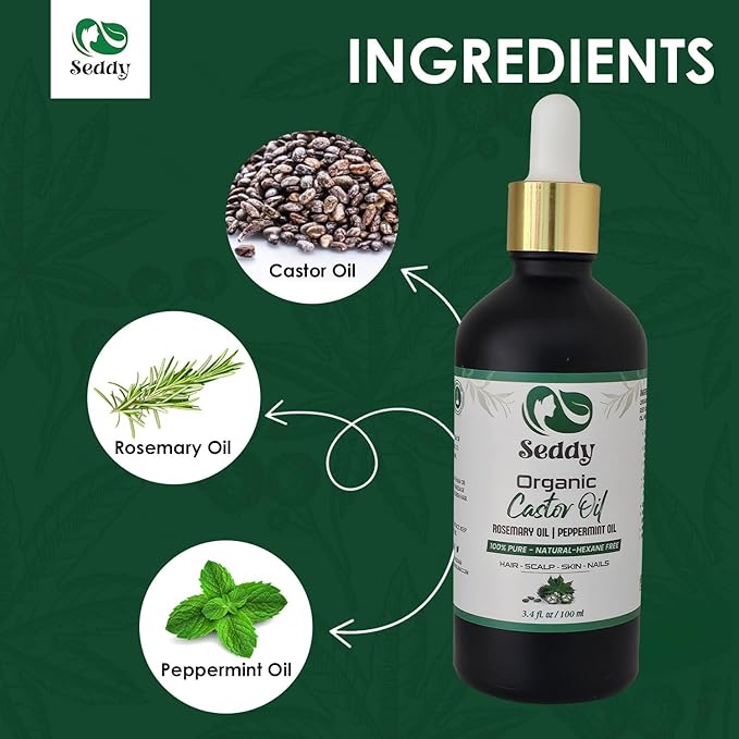 Seddy Organic Castor Oil with Rosemary & Peppermint in Dark Glass Bottle - Cold Pressed | Hexane-Free | Scalp, Hair, Eyelashes, Eyebrows, Skin, & Nails | Hair Treatment Oil - 3.4 Fl. Oz-BrightBean Baby