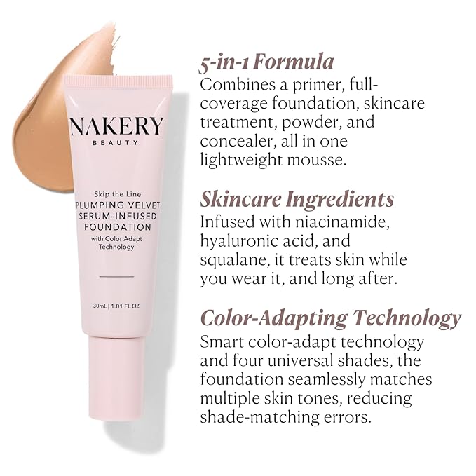 Nakery Full Coverage Foundation for Women - 5 in 1 Plumping Liquid Foundation Makeup - Serum Infused Makeup Foundation Smart Color Adapt with Niacinamide & Hyaluronic Acid for All Skin Types - Light-BrightBean Baby