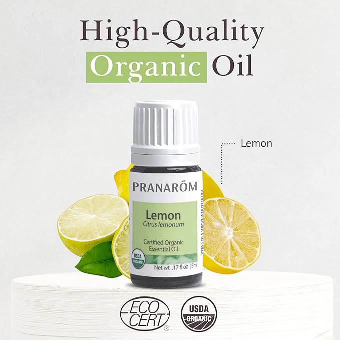 Pranarom USDA Certified Organic Lemon Essential Oil (5ml), 100% Pure Undiluted Therapeutic Grade from Argentina for Aromatherapy, Diffuser, DIY, Cleaning, Fresh Lemon Scent-BrightBean Baby