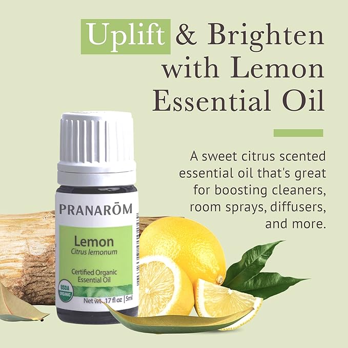 Pranarom USDA Certified Organic Lemon Essential Oil (5ml), 100% Pure Undiluted Therapeutic Grade from Argentina for Aromatherapy, Diffuser, DIY, Cleaning, Fresh Lemon Scent-BrightBean Baby
