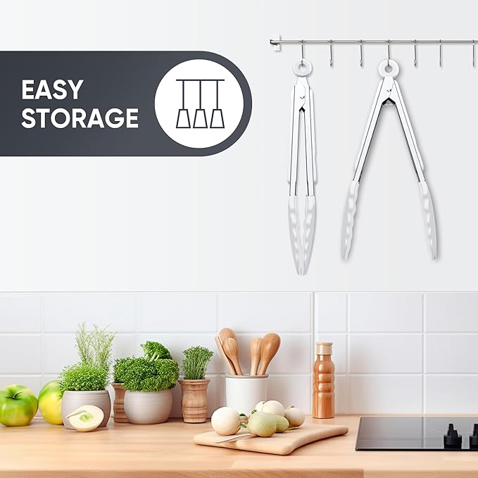 9 Inch Kitchen Tongs, Cooking Tongs with Silicone Tips and Stainless Steel Handle, Non Stick Heat Resistant Tongs for Cooking, Buffet, Salad Serving (9", White)