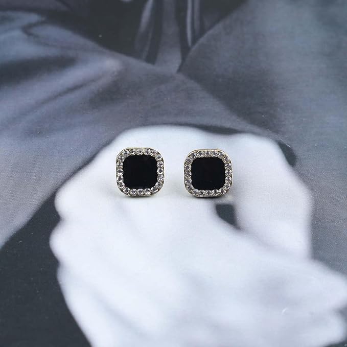 Vintage Black Square Crystal Earrings Black Cz Stud Earrings Rhinestone Diamond Earrings Geometric Onyx Earrings Jewelry for Women and Girls-BrightBean Baby