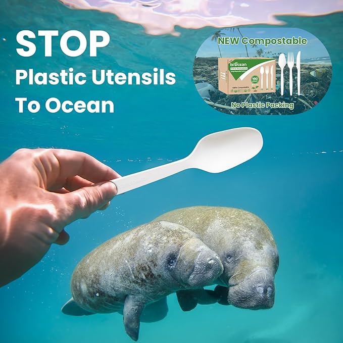 Extra Heavyduty Compostable Spoons [200 Count,6.7In] Disposable Cutlery No Plastic Spoons Large Biodegradable Utensils Eco Friendly Silverware Serving Flatware for Party,Daily Use,Picnic