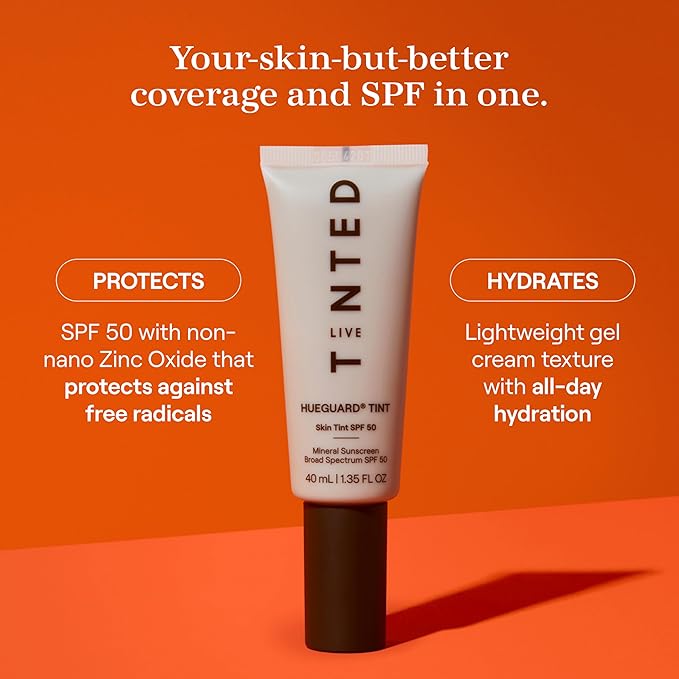 Live Tinted Hueguard Skin Tint SPF 50 - Tinted Mineral Sunscreen with Light-Medium Buildable Coverage With a Hydrating and Radiant Finish - Water and Sweat Resistant, 1.35 fl oz - Shade 07-BrightBean Baby
