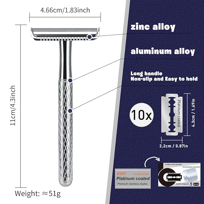Shiny Silver Double Edge Safety Razor, Single Blade Razors for Men and Women, with 10 Stainless Steel Safety Razor Blades, Reusable, Smooth and Close Wet Shaving Kit, Plastic Free-BrightBean Baby