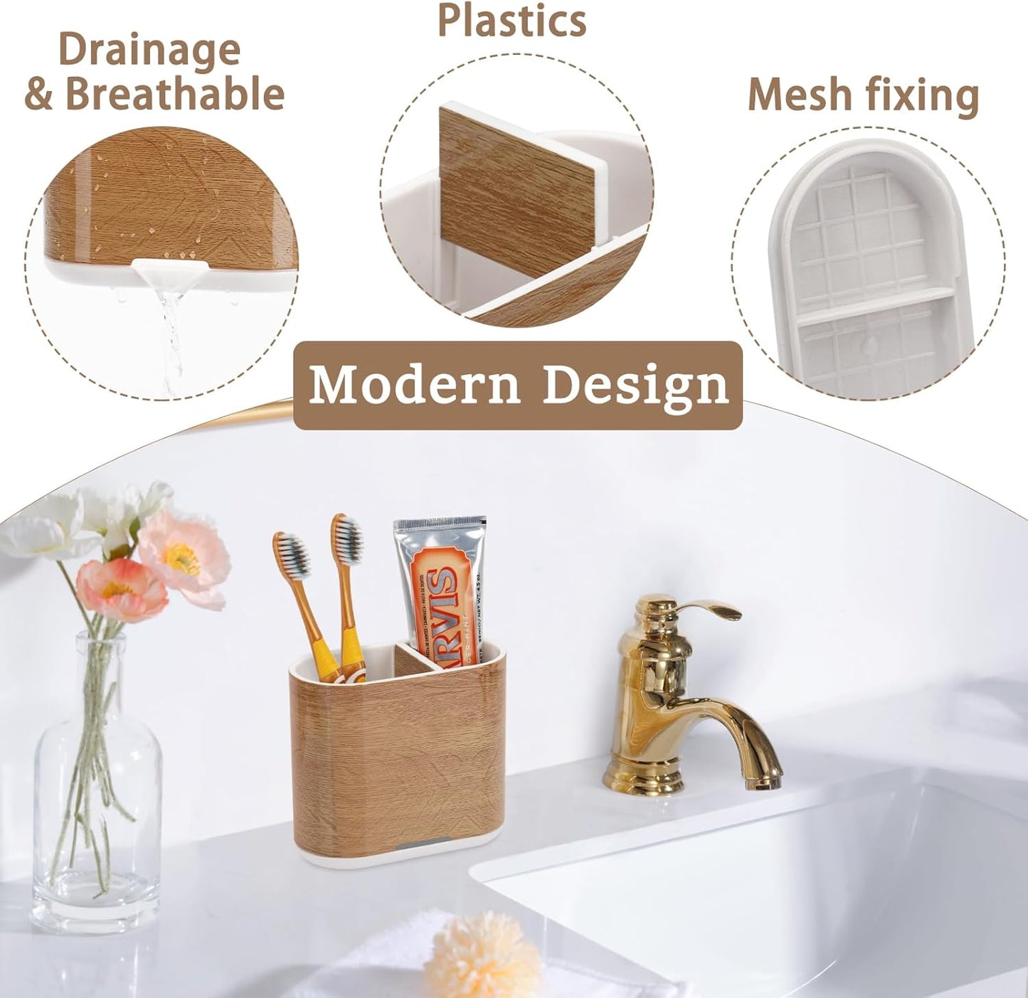 Toothbrush and Toothpaste Holder with Divider for Bathroom Countertop Organizer, 2 Slots Electric Toothbrush Holders Storage Caddy Drainage for Family, Kids(Wood Grain)-BrightBean Baby