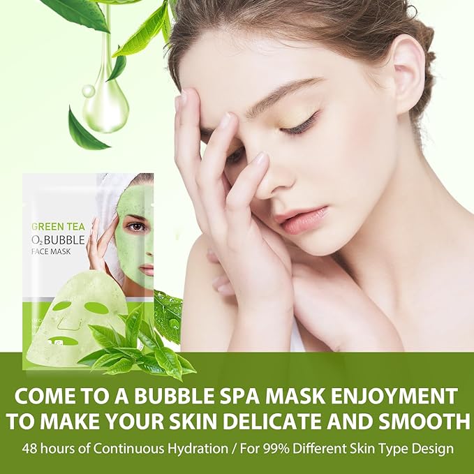 10 Sheets Face Masks Skincare O2 Bubble Green Tea Face Mask, Cleaner Bubble Sheet Masks Foaming Purifying Facial Mask for Pores, Moisturizing Spa Face Masks Skin Care For All Skin Type-BrightBean Baby