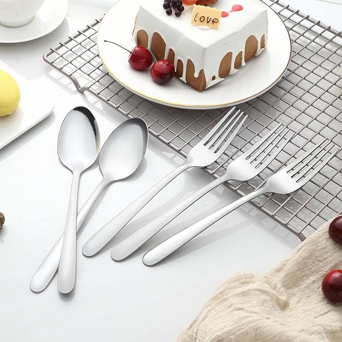 24 Pcs Forks and Spoons Silverware Set, Food Grade Stainless Steel Flatware Cutlery Set for Home, Kitchen and Restaurant, 12 Dinner Forks and Dinner Spoons, Mirror Polished & Dishwasher Safe