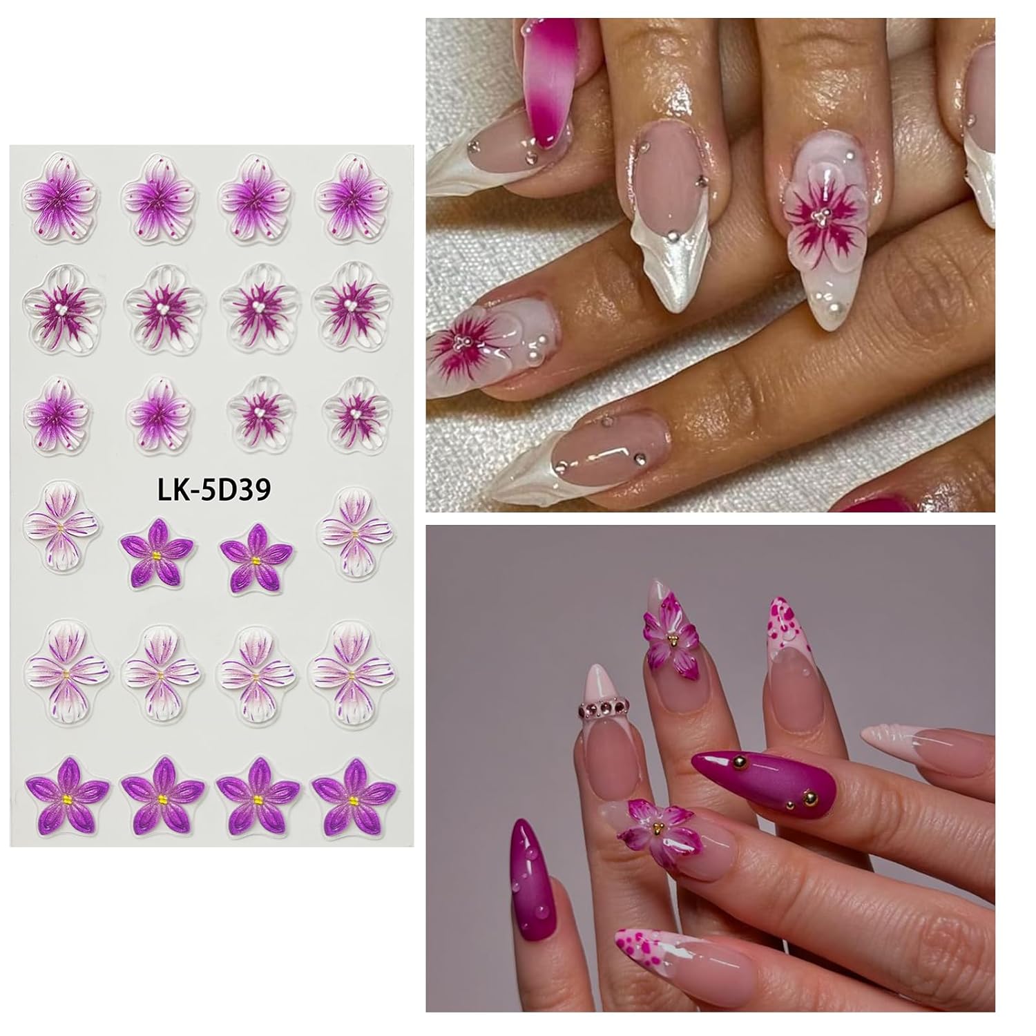 Flower Nail Art Stickers 5D Embossed Flower Nail Decals Spring Summer Pink Flowers Nails Design 3D Self-Adhesive Accessories for Women Nails DIY Decoration(6 Sheets)-BrightBean Baby