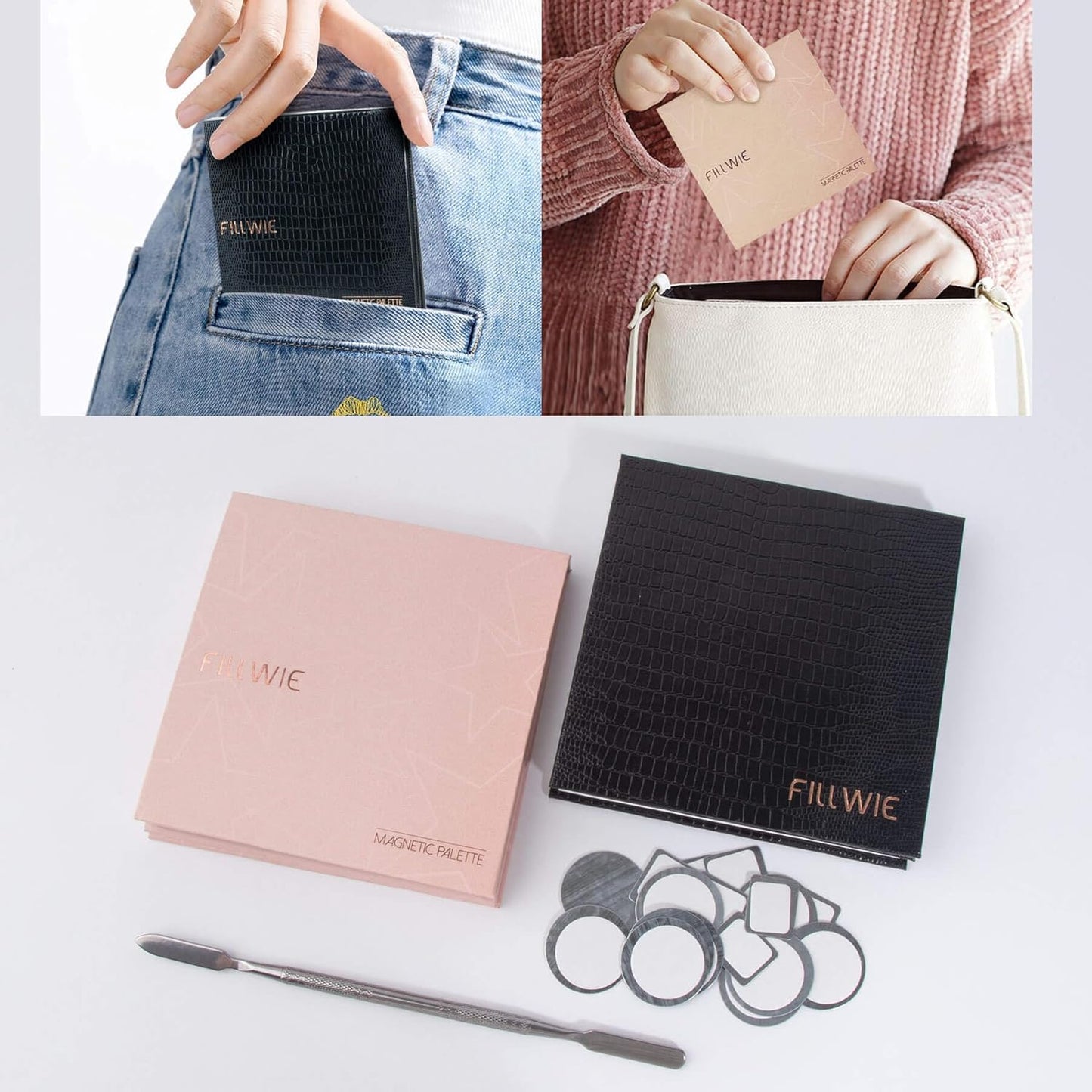 Pink&Black Magnetic Refillable Makeup Palette with Mirror – Lightweight, Durable, Travel-Ready Case for Eyeshadow, Blush, Lipstick – Includes Spatula & 20 Stickers – Small, Waterproof Paperboard-BrightBean Baby