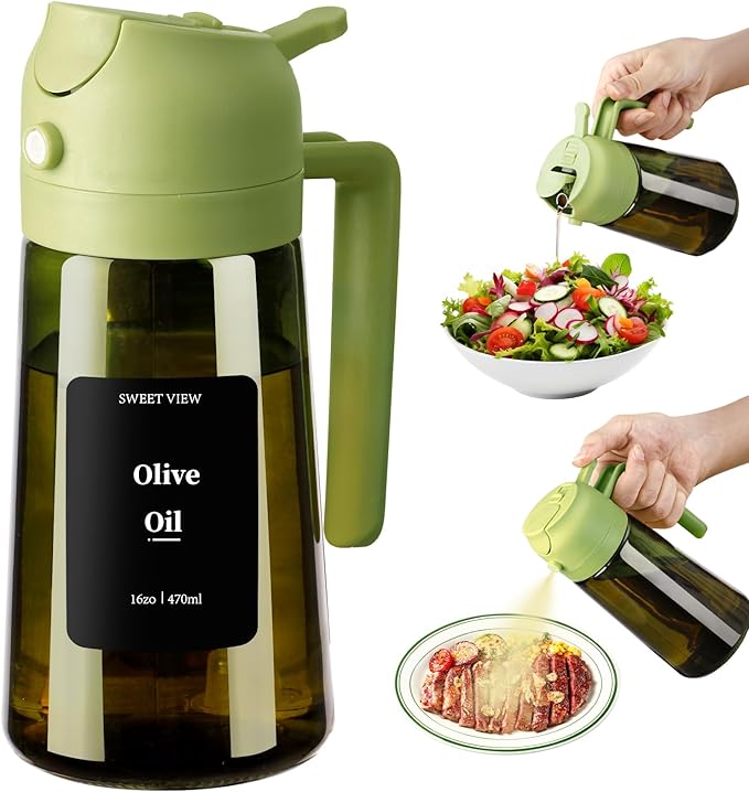 Olive Oil Dispenser and Oil Sprayer – 16oz/470ml Glass Light-Proof Oil Pourer for Kitchen, Air Fryer, Cooking, Salad, and BBQ