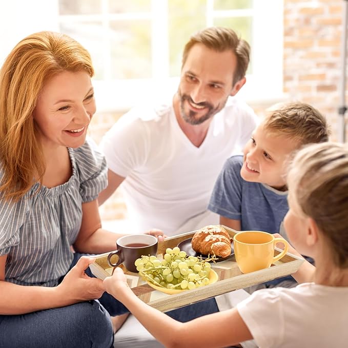 Acacia Wood Serving Tray with Handles，15.7x11.8 in Colorful Wooden Serving Tray Ottoman Tray Decorative Serving Trays Platter for Breakfast in Bed, Great for Lap &Couch