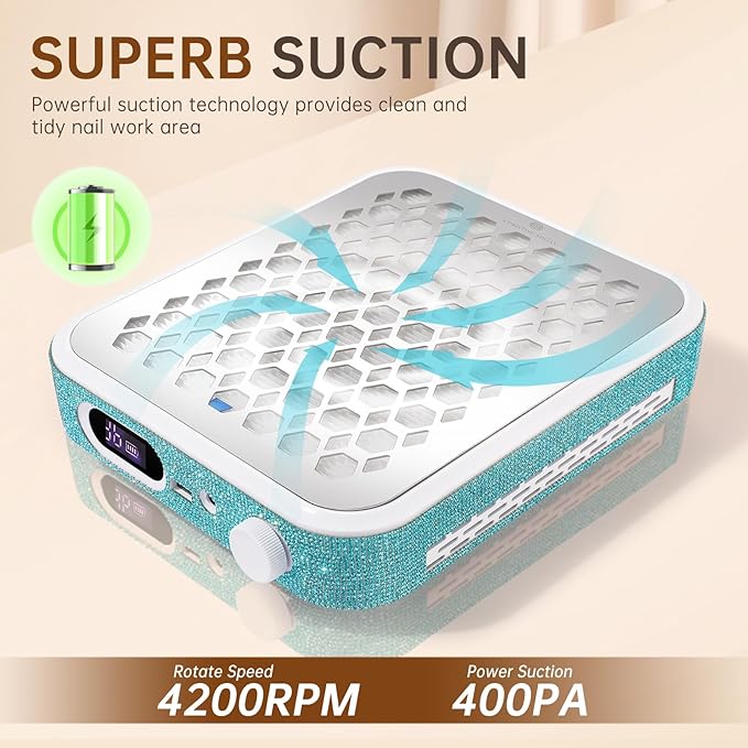 Nail Dust Collector, Rechargeable Dust Collector Nail Tech, Powerful Vacuum Fan Vent Dust Collector Extractor Dust Suction Machine for Acrylic Nails Polishing, Nail Salon&Home, Blue-BrightBean Baby