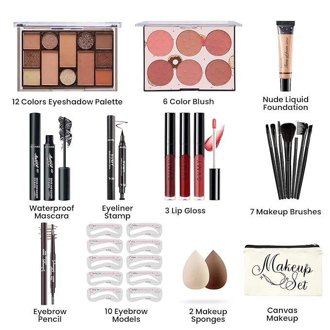 Makeup Kit for Girls Teens, Travel Makeup Kit, Facial Makeup Full Kit, Makeup Present Set for Beginners & Professionals, Cosmetic Bag Include Pigmented Blendable Eyeshadow Palette-BrightBean Baby