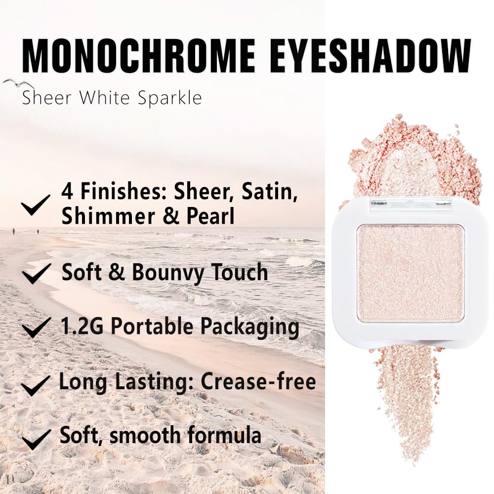 Glittler Single Eye Shadow Palette Makeup, Sheer White Sparkle Shimmer Monochrome Eyeshadow For Old Women, Pigmented Waterproof Sombras Para Ojos, Vegan, Talc, Paraben & Cruelty Free, 02-BrightBean Baby