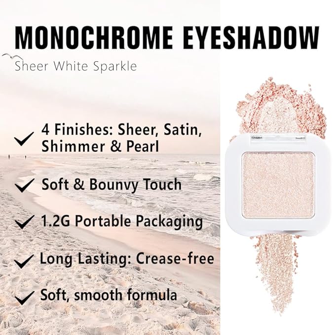 evpct Pear White Shimmer Single Eye shadow Palette Makeup for Older Women, Glitter Sparkly Pearl Shimmer Cream Eyeshadow Palette Brightener Make up, High Pigment Waterproof Monochrome Mini Eyeshadow-BrightBean Baby