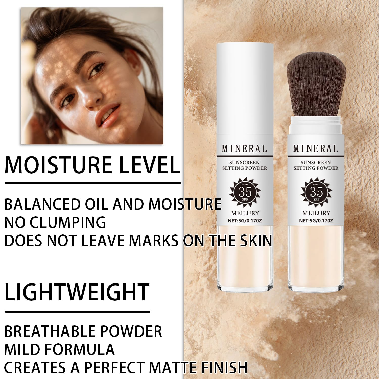 Sunscreen Setting Powder SPF 35, Mineral Brush Powder for Face & Scalp, Oil Control Natural Matte Finish Loose Powder Translucent Lasting Lightweight Breathable for All Skin (#02 Fair)-BrightBean Baby