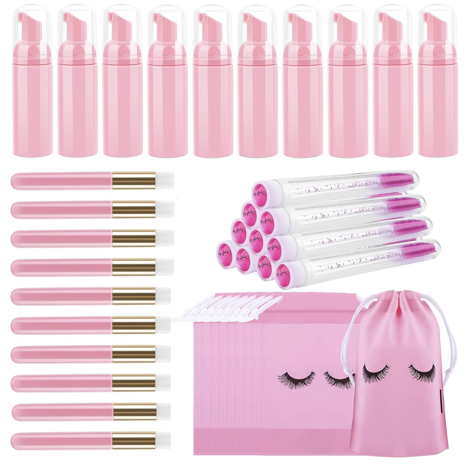 homicozy 40 Pcs Lash Shampoo Bottle Brushes Set, 10 Pcs Lash Shampoo Brushes, 10 Pcs Lash Brushes Tubes, 10 Pcs Eyelash Shampoo Dispensers, 10 Pcs Lash Aftercare Bag for Clients, Women,Girls (Pink)-BrightBean Baby