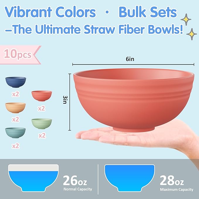 Quatish 10 PCS Unbreakable Cereal Bowls,Dishwasher & Microwave Safe Wheat Straw Bowls, Easy-to-Clean Lightweight Snack & Soup Bowl,Multi-Color Portable for Picnics Plastic Bowls Set, Multi