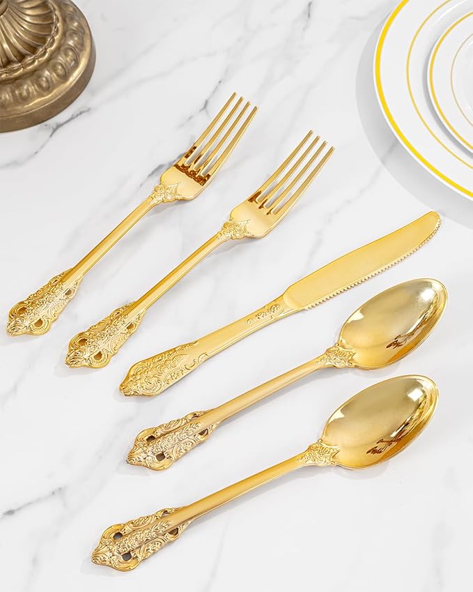 bUCLA 300PCS Gold Plastic Silverware Disposable - Heavy Duty Plastic Cutlery - Gold Disposable Utensils Set - Include 100 Knives, 100 Forks, 100 Spoons for Party & Thanksgiving