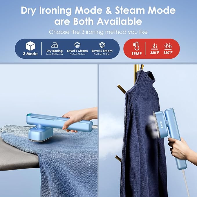 FEPPO Travel Steamer for Clothes, 110-240V Dual Voltage Portable Mini Steamer & Iron 2in1, 1100W Powerful Garment Steamer, Fast Heat Up, Travel Size, HD Display, for Home & Global & Europe Travel-BrightBean Baby