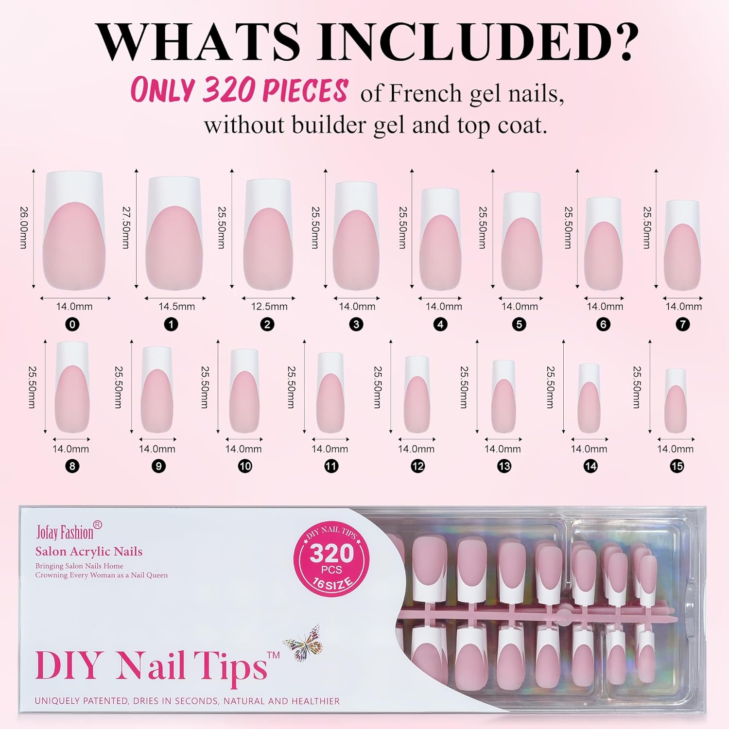 French Gel Nail Tips - Jofay Fashion French Tip Press on Nails, 10-Piece Set 320Pcs Pink long Square Nail Tips, No Need to File 3 in 1 Acrylic Fake Nails for Nail Art DIY & Nail Extension, 16 Sizes-BrightBean Baby