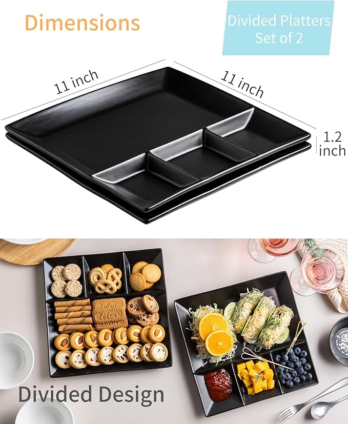 LAUCHUH Divided Serving Platters, 11 x 11 inch Porcelain Chip & Dip Serving Set Dinner Serving Tray 4 -Compartment Serving Dishes for Thanksgiving, Candy, Nuts,Veggies, Snacks and Sauce, Black