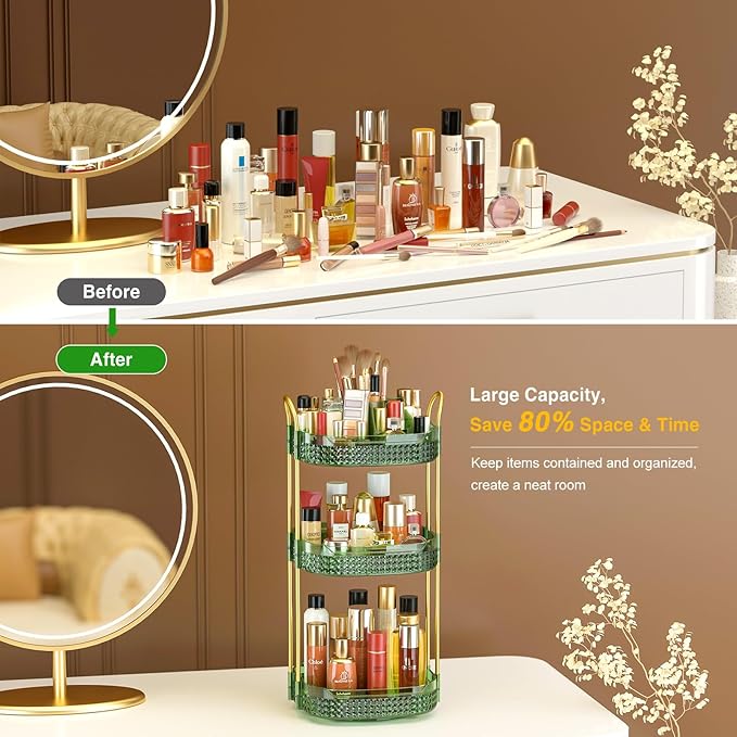 Awenia Rotating Makeup Organizer 360, Stackable Adjustable Large Capacity Cosmetic Storage Unit,Dresser Bathroom Kitchen Countertop Organizer with Metal Handle, Plus Size (Gem Green, 3 Tier)-BrightBean Baby