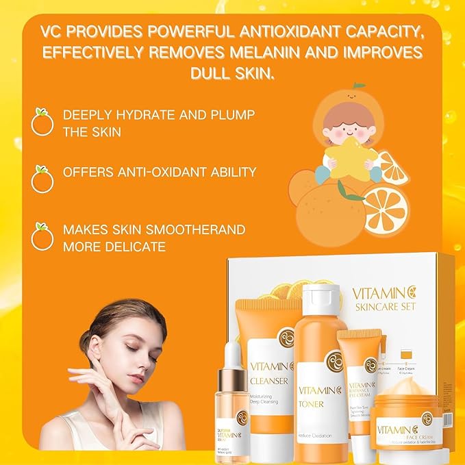Vitamin C Skincare Set, 5Pcs Skincare Gift Set With Cleanser, Toner, Face Serum, Face Cream, And Eye Cream, Facial Kit for Women, 5-In-1 Skin care Gift Set, Moisturizing Skincare Set For Women Men-BrightBean Baby