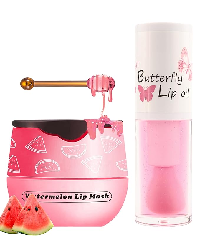 2Pcs Watermelon Lip Balm Honey Pot Lip Mask & Lip Glowy Oil Lip Care Set, Propolis Moisturizing & Nourish Hydrating Lip Gloss Repair, Reduce Lip Line & Plump Dry Cracked Lip Scrub Exfoliator -Set C-BrightBean Baby