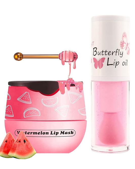 2Pcs Watermelon Lip Balm Honey Pot Lip Mask & Lip Glowy Oil Lip Care Set, Propolis Moisturizing & Nourish Hydrating Lip Gloss Repair, Reduce Lip Line & Plump Dry Cracked Lip Scrub Exfoliator -Set C-BrightBean Baby