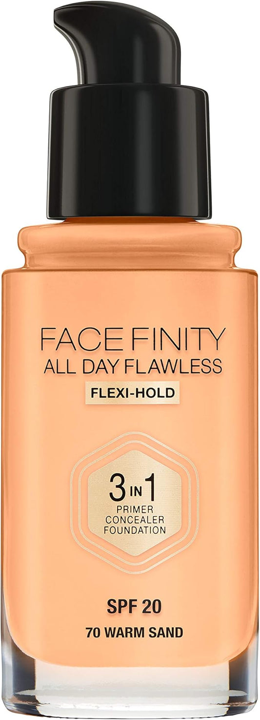 Max Factor Facefinity 3-in-1 All Day Flawless Liquid Foundation, SPF 20-70 Warm Sand, 30 ml-BrightBean Baby