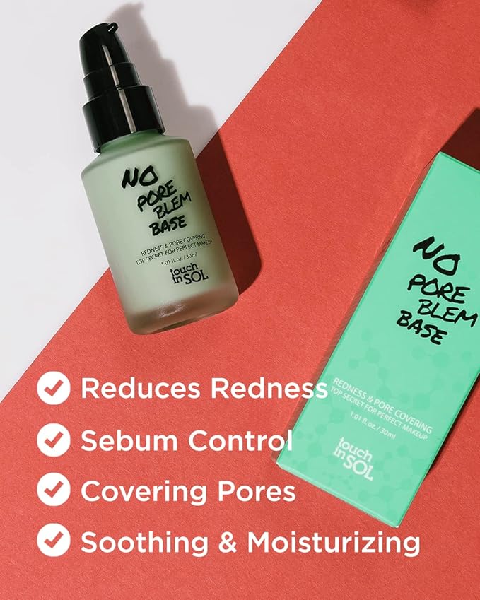 TOUCH IN SOL Redness Correcting Base Primer 1.01 fl.oz. - Pore Minimizing Green Toned Makeup Base - Tone Neutralizing before Foundation - Minimize Rosacea, Redness - No Pore Blem Primer Base-BrightBean Baby