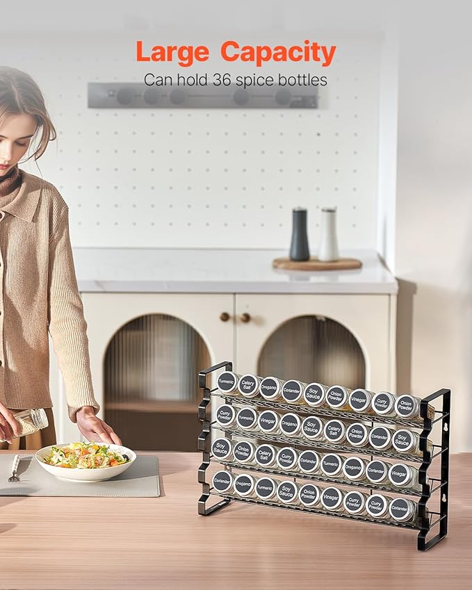 VEVOR Spice Rack Organizer for Cabinet, Spice Organizer with 36 Empty Spice Jars, Lids, Spice Labels, and Funnel Complete Set, Seasoning Organizer for Countertop, Kitchen, Pantry, Cupboard, 18x11 in