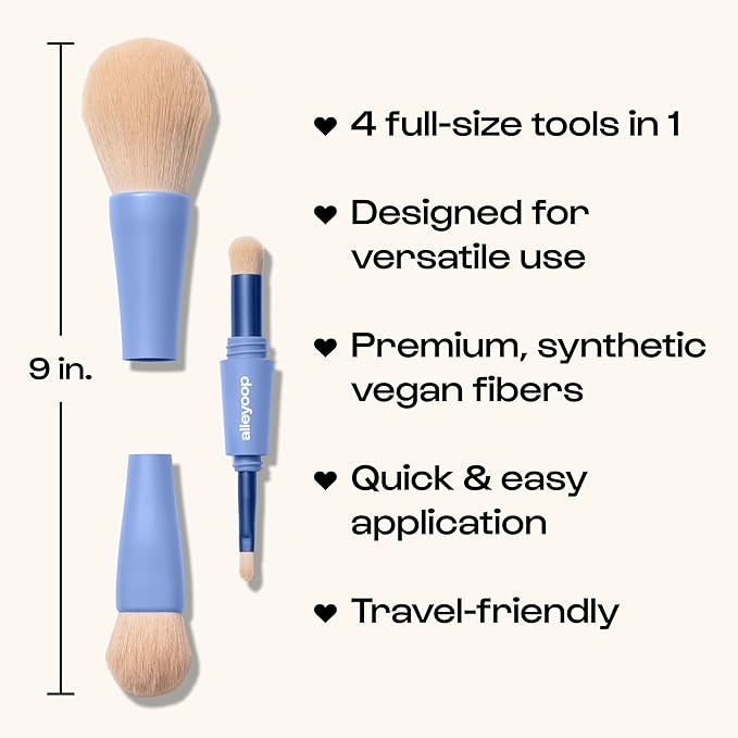 Alleyoop Overachiever 4-in-1 Travel Makeup Brush Set – Powder, Blending, Precision & Complexion Brushes – Mini Makeup Brush for Women, Vegan, Multi-Use & Travel-Friendly Makeup Tool-BrightBean Baby