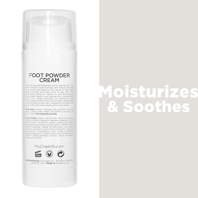 Foot Powder Cream for Dry Cracked Heels, Odor Control, and Intense Skin Hydration, 3.4 fl. oz., with Shea Butter and Vitamin E-BrightBean Baby
